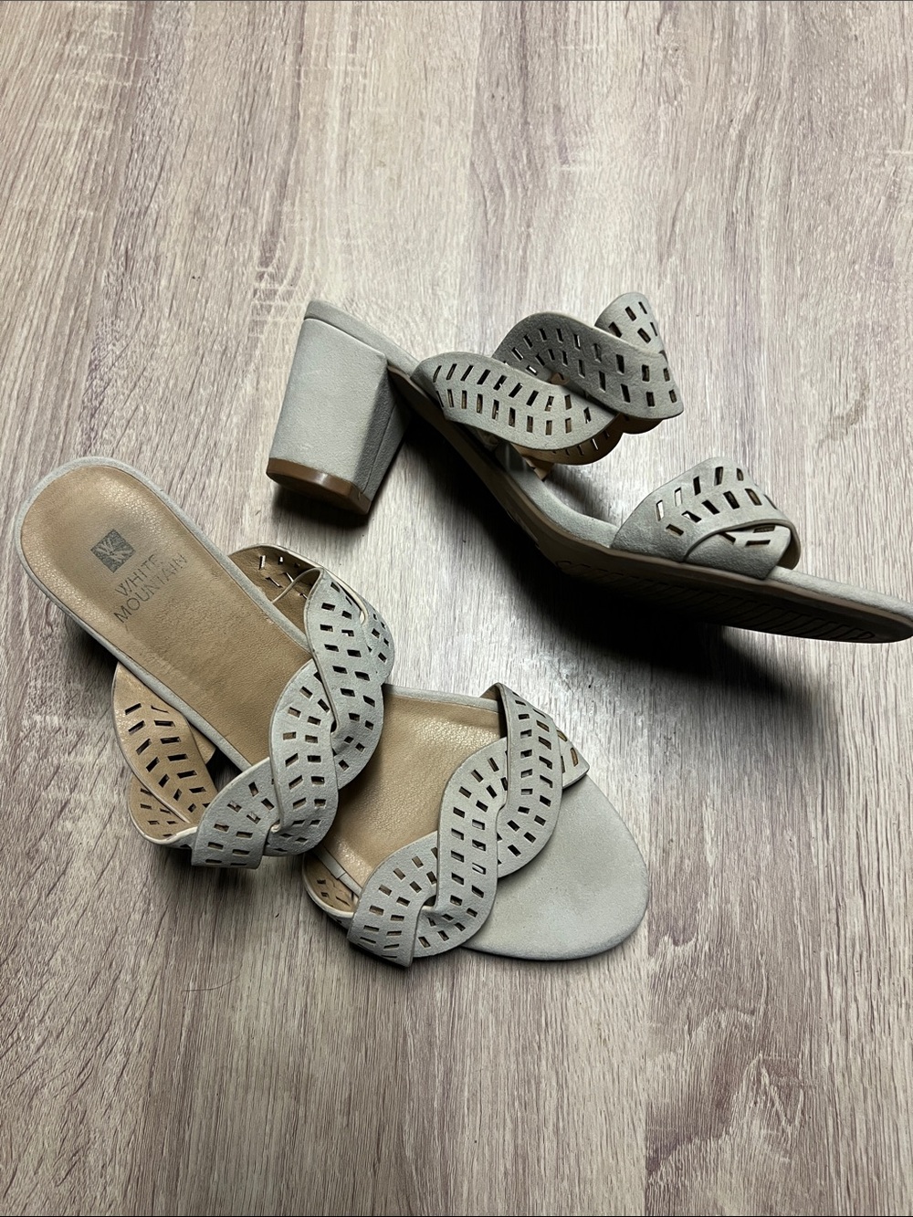 White Mountain Light Gray Braided Laser-Cut Block Heel Slides